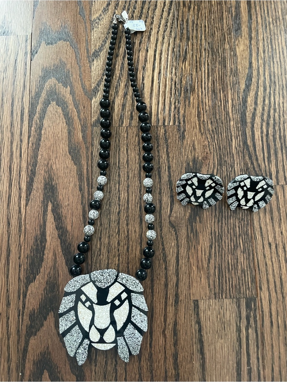Black Lion Pendant Necklace with Matching Earrings - Statement Women's Jewelry